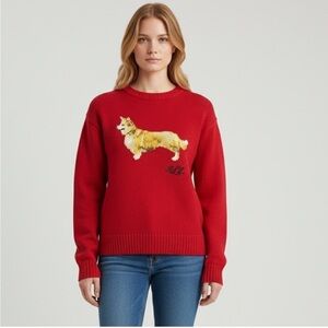 Ralph Lauren Intarsia-Knit Corgi Dog Cotton Red Sweater Size XS NWT